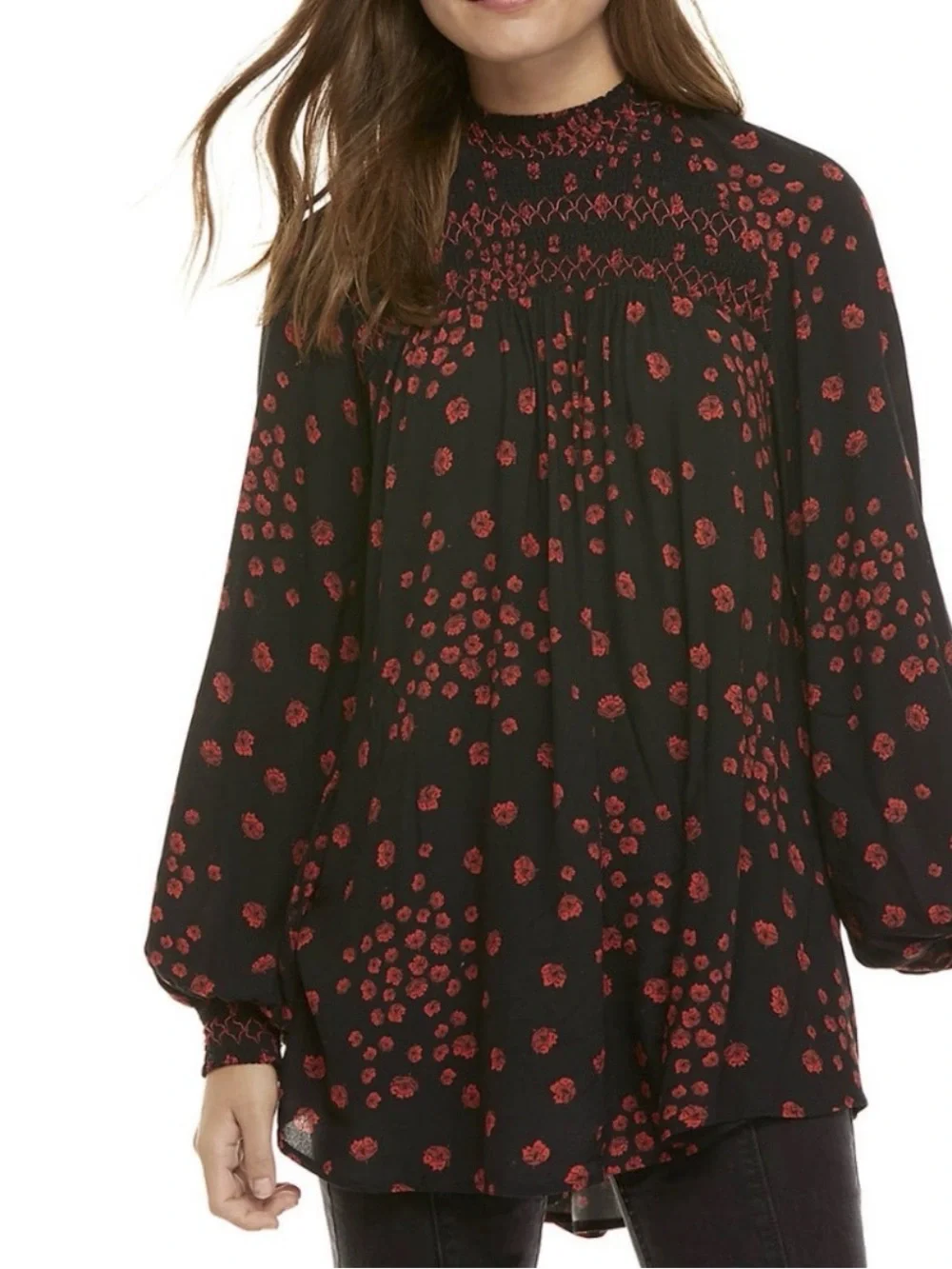 Free People “Flowers In Her Hair” Black Red Tunic Mini Dress Boho - Size XS